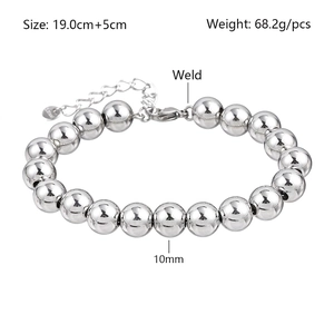 Polished stainless steel 10mm bead bracelet for men with lobster clasp and extender