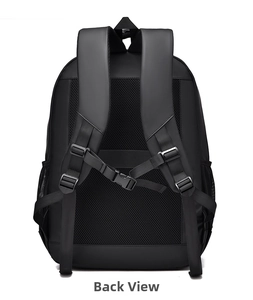 Ergonomic breathable mesh back panel and S-shaped shoulder straps on black backpack