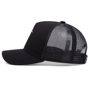 Classic black mesh trucker hat with breathable fabric and curved brim for sun protection