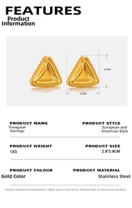 Détails de boucles d'oreilles triangulaires dorées en acier avec dimensions de 2,8 cm