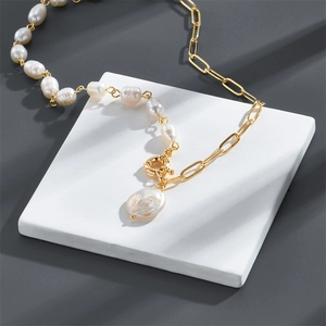 Baroque Freshwater Pearl Pendant Necklace Copper Paperclip Chain 14K Gold Plated Toggle Clasp Chic Jewelry For Women
