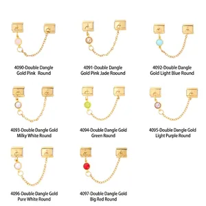 Modular stainless steel double charm bracelet links with colored beads and safety chain