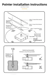 Installation diagram showing clock hands assembly steps and alignment guide for movements