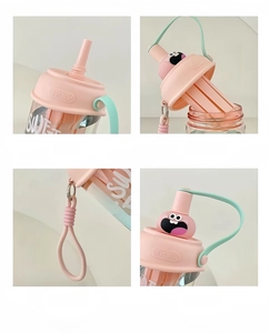 Detail view of pink water bottle showing straw, tea filter, and cartoon cap