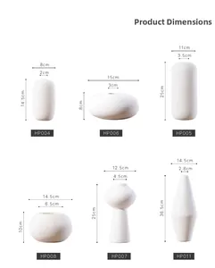 Size chart showing dimensions for six white ceramic vases with horizontal textures