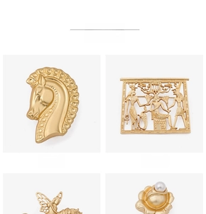 Baroque style gold metal brooches featuring horse head and pearl flower designs