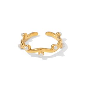 French vintage gold wave ring with white pearl inlays for women on white background