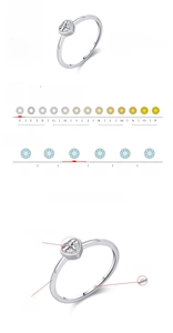 Detailed chart of heart cut moissanite ring with S925 silver and VVS1 clarity specs