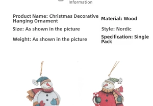 Detail of two Nordic style wooden snowman hanging ornaments with colorful painted scarves