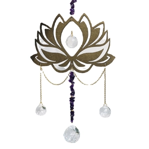 Golden lotus suncatcher with natural amethyst stones and clear faceted crystal balls