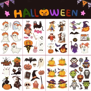 Halloween Temporary Tattoo Stickers Cartoon Pumpkin Skeleton Witch Ghost Waterproof Face Body Decals For Children