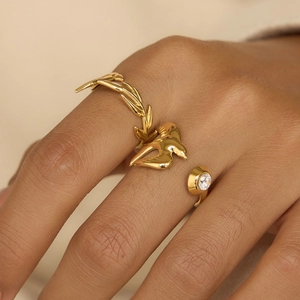 18K gold plated stainless steel bird and leaf open ring with a round zircon stone