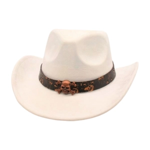 Close-up of a white cowboy hat featuring a vintage bronze skull on a leather band