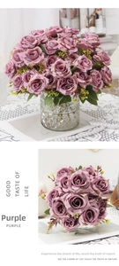 Close-up of a dense purple silk rose bouquet in an embossed glass vase on white lace