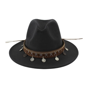 Classic black woolen felt fedora with ethnic Tibetan woven band and coin pendants