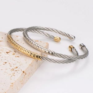 Two-tone 18K gold plated stainless steel cable wire open bangle bracelets on stone