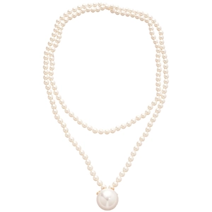 French vintage double-layered pearl necklace with large white pearl pendant on white background