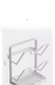 Detail of wall-mounted pot lid rack showing 230mm height and iron material specifications