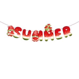 Close-up of vibrant Summer party banner featuring watermelon and gnome letters decoration
