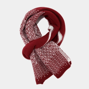 Winter knitted scarf set featuring burgundy and white snowflake pattern in soft thick wool