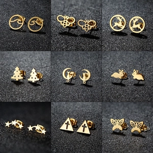 18K Gold Plated Stainless Steel Stud Earrings For Women Cute Hollow Moon Cat Rabbit Reindeer Bee Butterfly Minimalist Daily Jewelry