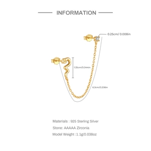 Detailed view of S925 sterling silver gold snake chain earrings with Zirconia stones