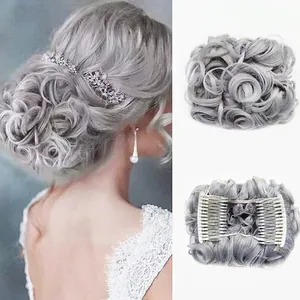Detail of silver grey synthetic hair bun with dual insert combs and curly texture