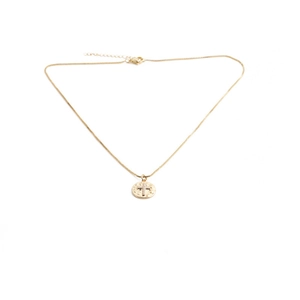 Macro shot of gold coin pendant with crystal cross detail and adjustable chain links