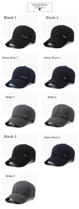 Collection of men's casual baseball caps in black, navy, and grey with metallic logos