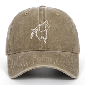 Vintage washed khaki baseball cap with white wolf head embroidery on pure cotton fabric