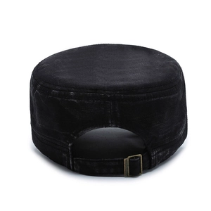 Vintage black washed cotton flat top military cap with adjustable bronze metal buckle