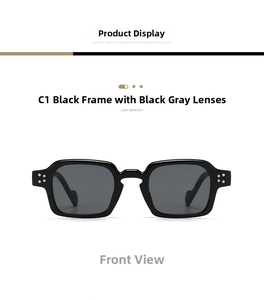 Detail of black rectangle sunglasses with silver stud rivets and C1 grey lenses