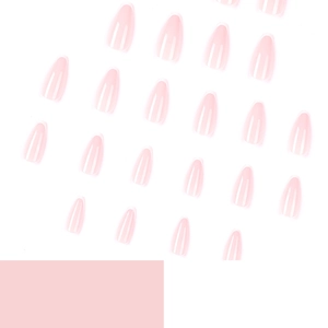 Pink almond press-on nails with white French tip design for a minimalist manicure