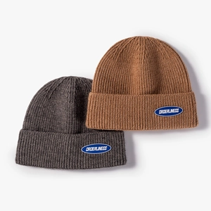 Winter knitted beanie set in dark grey and camel colors with stylish logo patches