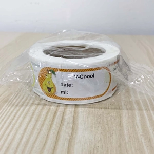 Macro detail of waterproof kitchen roll labels with fruit design for date and capacity