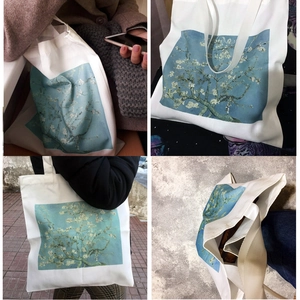 Canvas tote bag with Van Gogh Almond Blossoms art print shown in various use cases