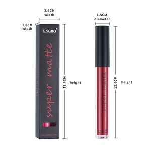 Detail view of deep red matte lip gloss with dimensions and retail packaging box