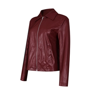 Detail showing high-quality wine red PU leather texture and zip closure of the jacket