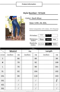 Maattabel voor skinny jeans met hoge taille en gedetailleerde afmetingen in centimeters