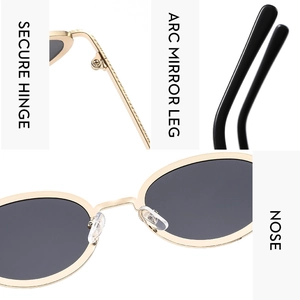 Detail view of reinforced metal hinges and ergonomic temples on vintage oval sunglasses