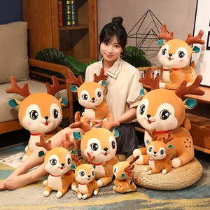 Cute plush reindeer dolls with spotted patterns and golden bells in various sizes