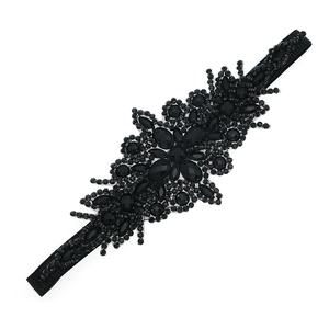 Exquisite handmade black beaded headband with floral patterns and luxury crystals
