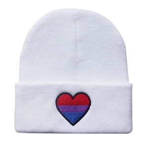 White knitted beanie with embroidered three-color heart detail on folded brim