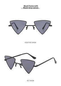 Detail view of black frame punk triangle sunglasses with dark grey lenses in two angles