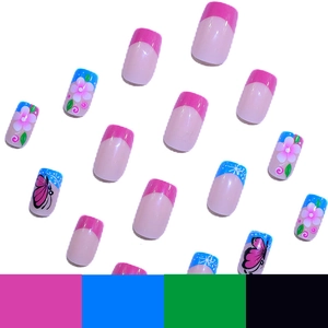 Press-on nails featuring pink French tips, butterfly designs, and floral patterns