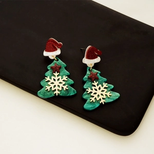 Christmas tree and snowflake earrings with festive red hat and green resin texture