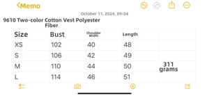 Size chart showing chest, shoulder, and length specs for the casual down vest