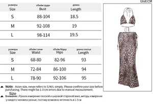 Detailed size chart for leopard bikini set including bust, waist, and hip measurements in cm