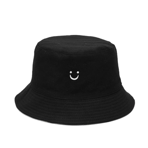 Unisex black cotton bucket hat with white embroidered smile face, street style sun hat
