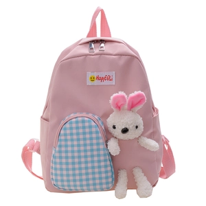 Pink cartoon toddler backpack with 3D plush rabbit and blue checkered front pocket